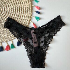 Victoria's Secret Tease Mesh Lace-Trim High-Leg Thong Panty Black w Bows XS